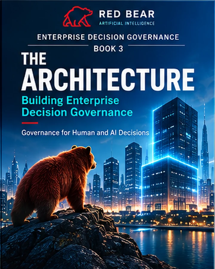 Cover of Book 3, The Architecture, showing a bear before a night city skyline traced with light